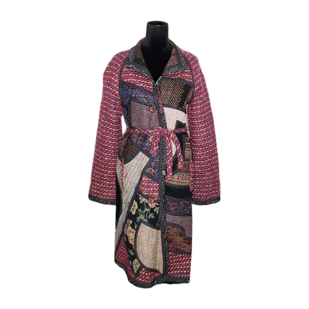 Vintage Koos Van Den Akker Womens Kimono Quilted Knit Patchwork Long Coat Size M